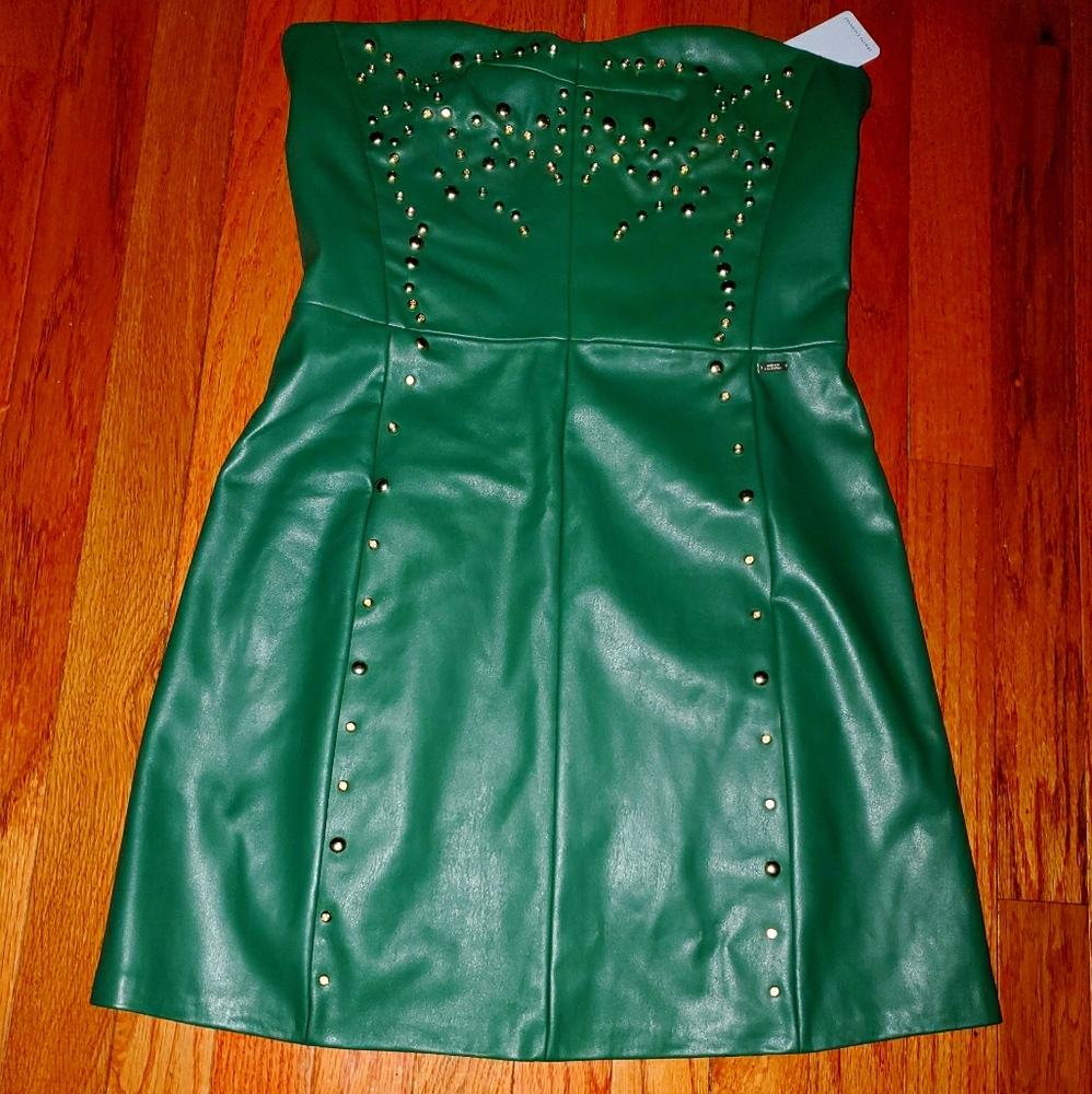 Armani Exchange- Green Strapless Dress. Faux leath
